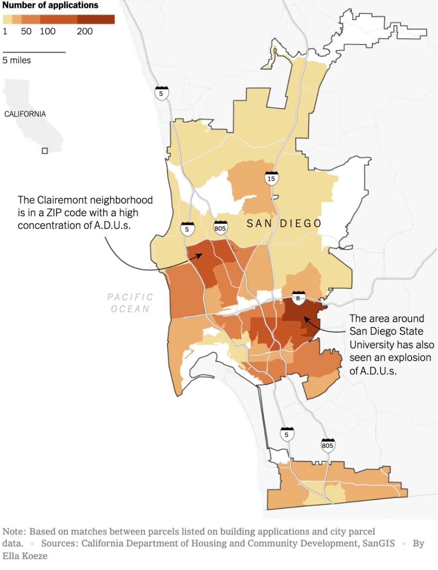 Building applications for accessory dwelling units in San Diego from 2018 through 2020, by ZIP code