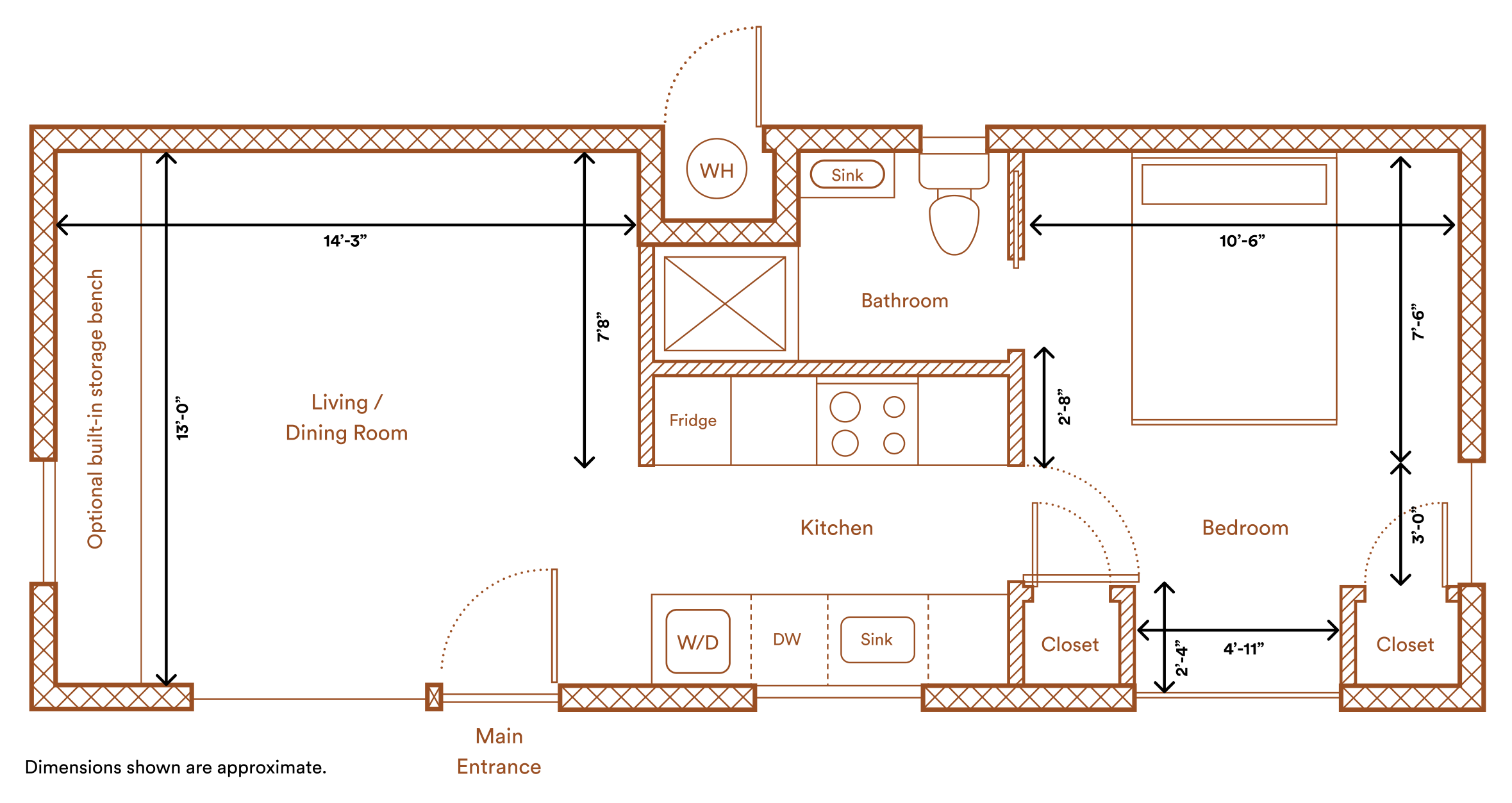 Abodu One floor plan: 1 bedroom, 1 bath, 500 Sq Ft with living/dining room, galley kitchen, bedroom with two closets