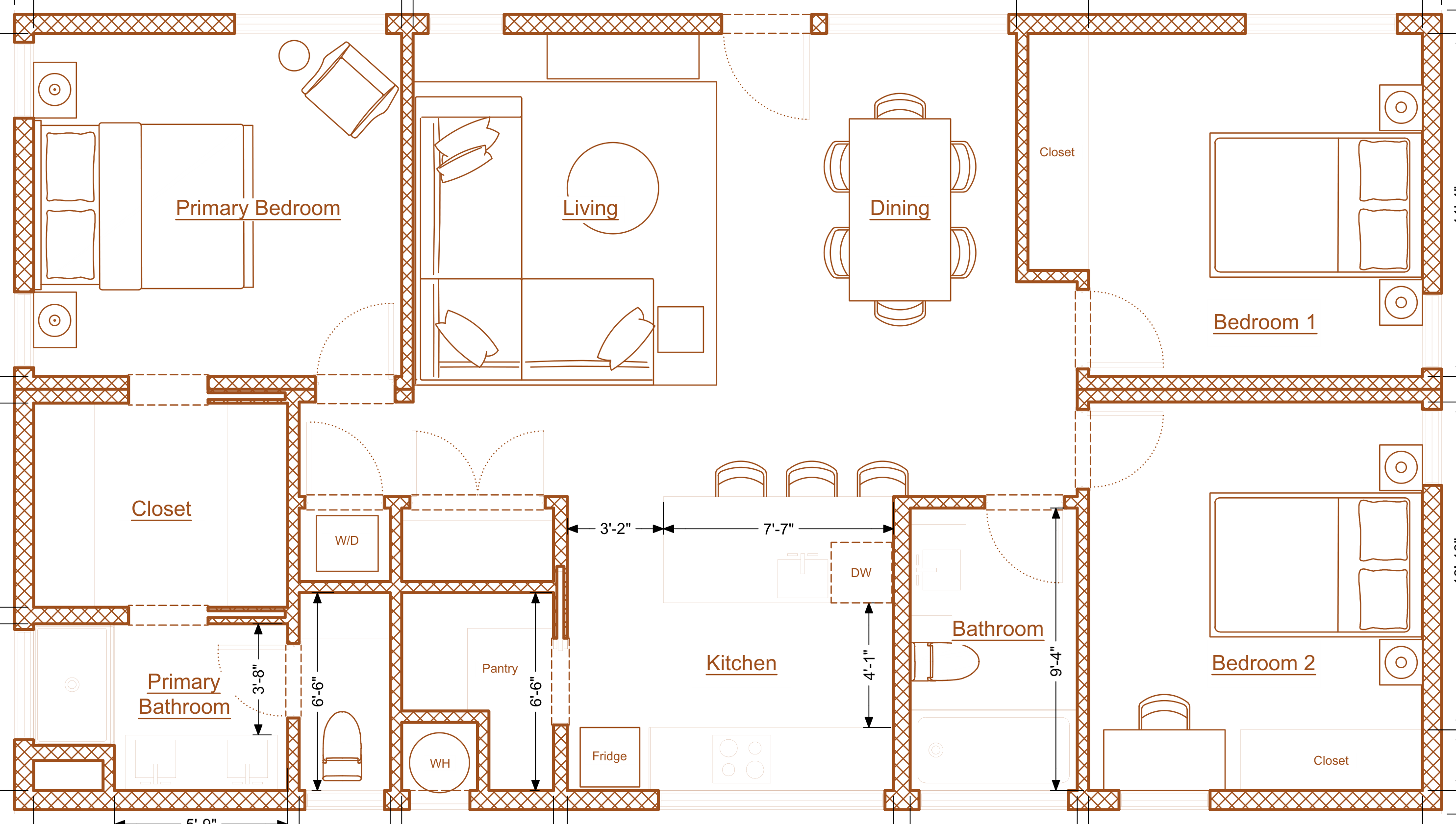 Abodu Three floor plan: three-bedroom, two-bath, 1070 Sq Ft
