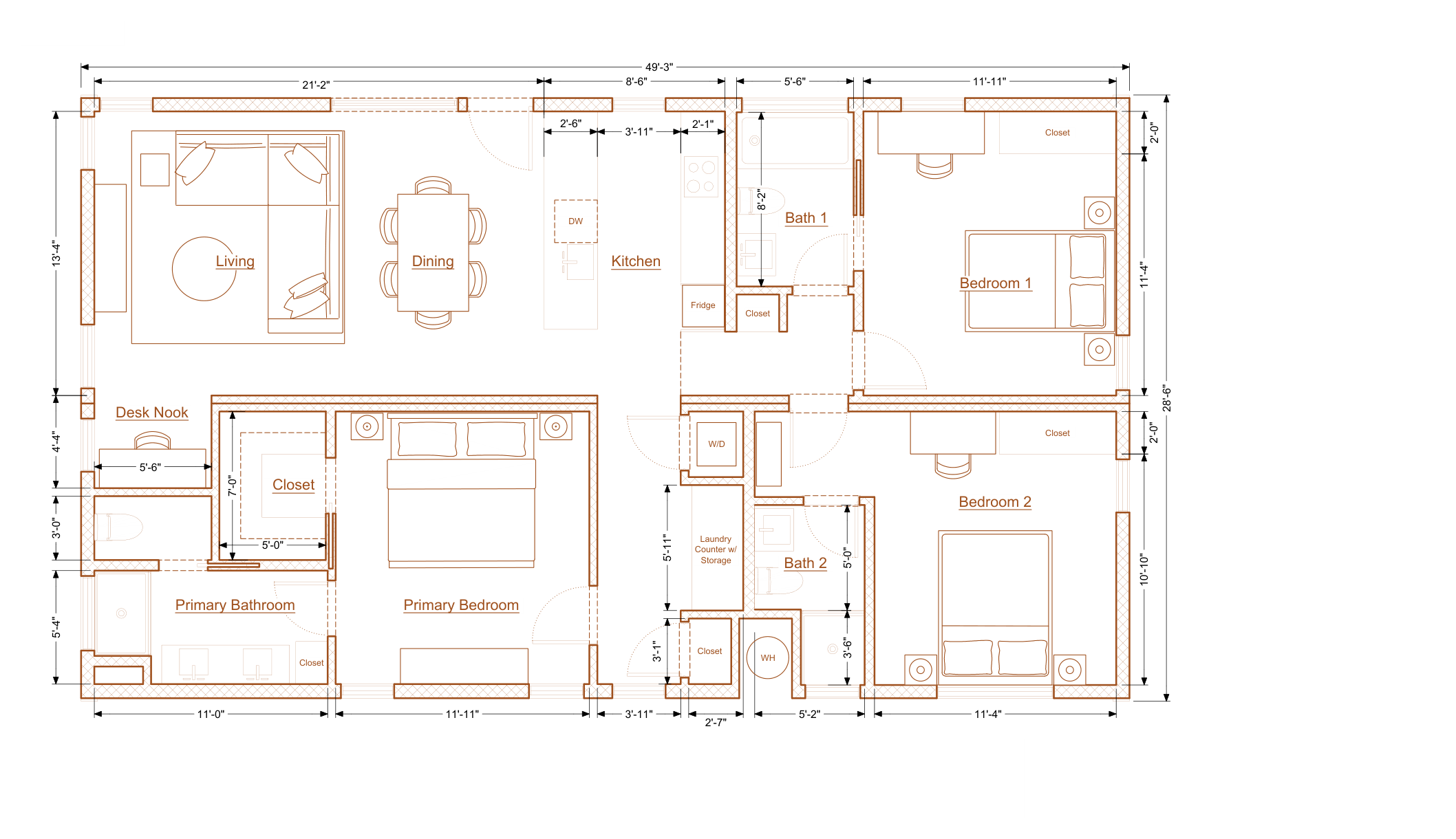 Abodu Three Plus floor plan: three-bedroom, three-bath, 1195 Sq Ft