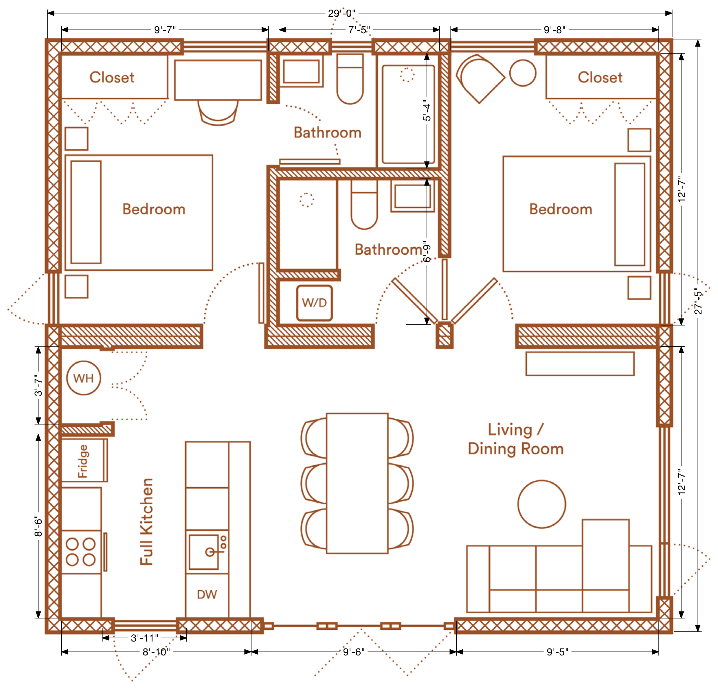 Abodu Two Plus floor plan: two-bedroom, two-bath, 800 gross Sq Ft